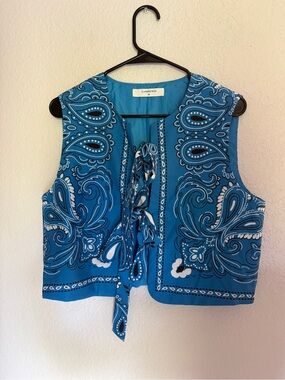 Commense Blue Paisley Tie-Front Tank